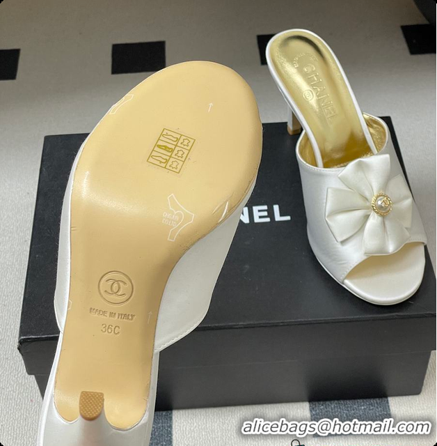 Best Grade Chanel Satin Bow Pearl CC Mule Heels White 8.5cm 60702617