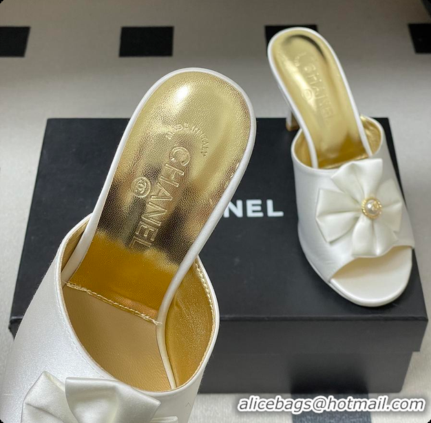 Best Grade Chanel Satin Bow Pearl CC Mule Heels White 8.5cm 60702617