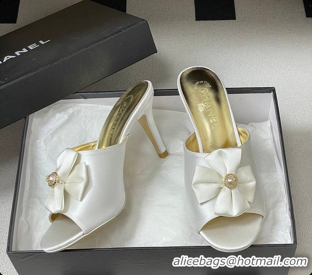 Best Grade Chanel Satin Bow Pearl CC Mule Heels White 8.5cm 60702617