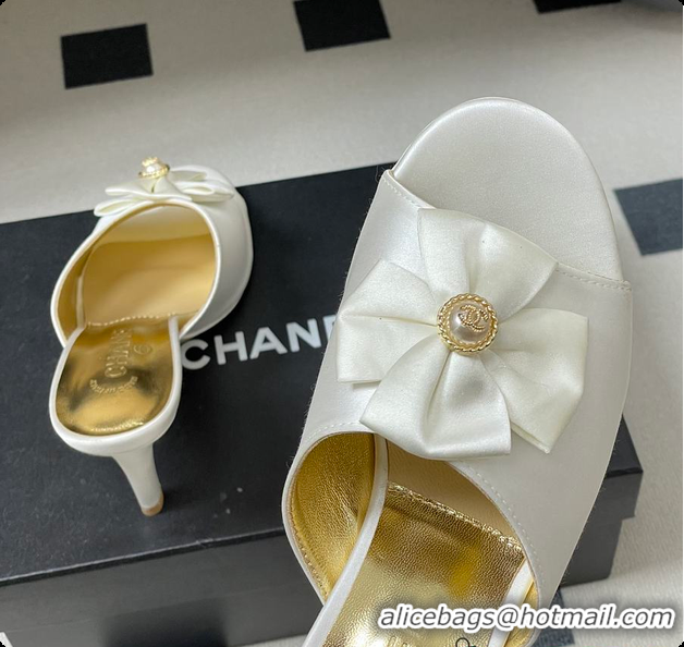 Best Grade Chanel Satin Bow Pearl CC Mule Heels White 8.5cm 60702617
