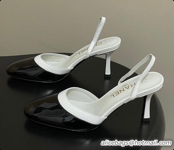 Luxurious Chanel Slingbacks Goatskin & Patent Calfskin White & Black 7.5cm 60702701