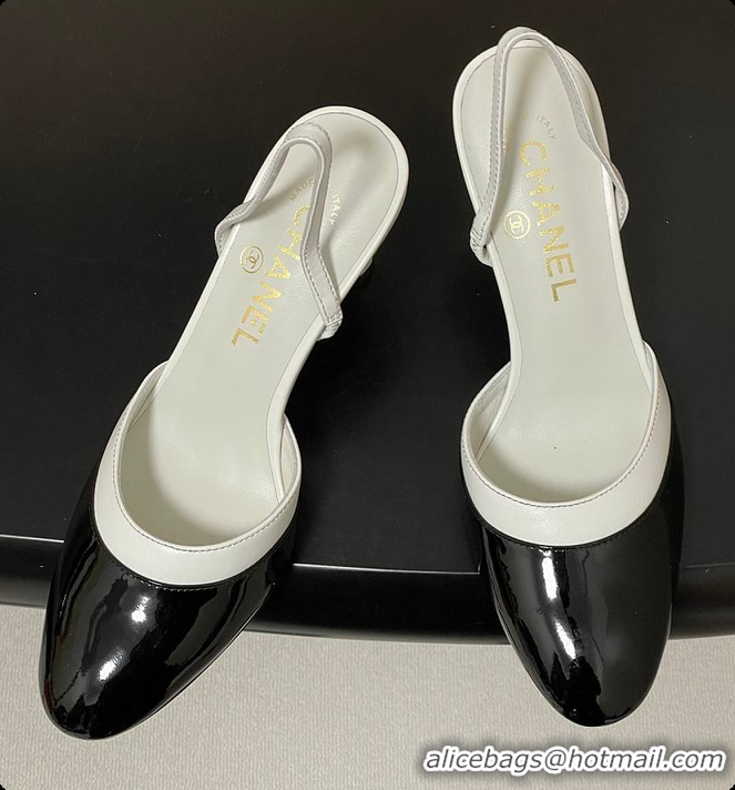Luxurious Chanel Slingbacks Goatskin & Patent Calfskin White & Black 7.5cm 60702701