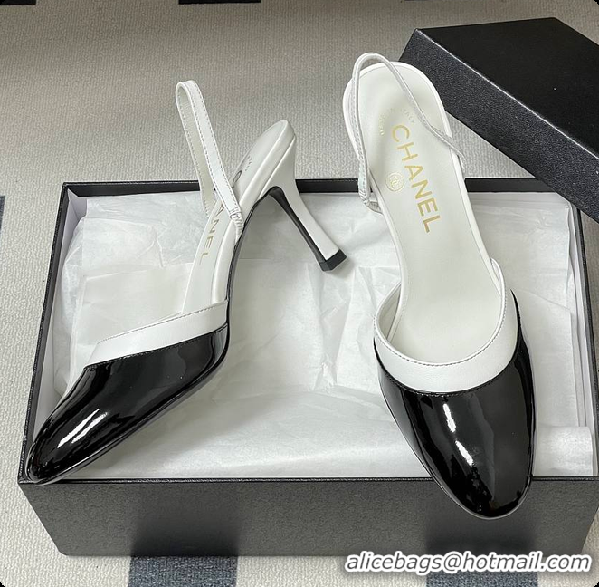 Luxurious Chanel Slingbacks Goatskin & Patent Calfskin White & Black 7.5cm 60702701