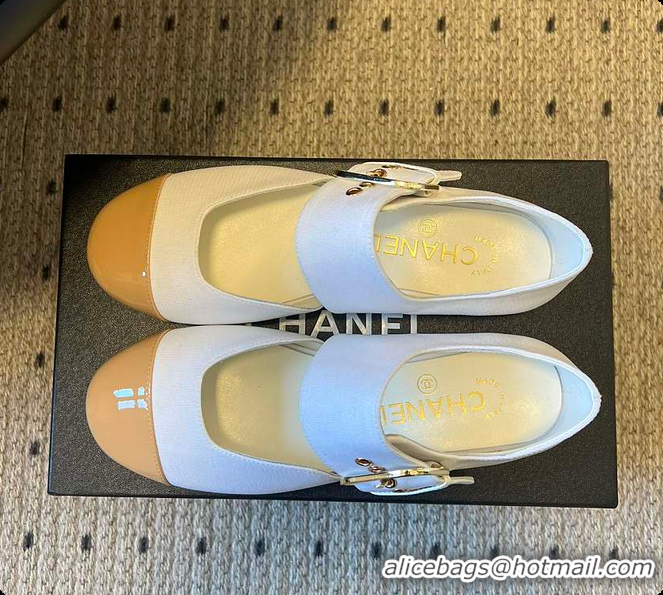 Most Popular Chanel Mary Janes Grosgrain & Patent Calfskin White & Beige 60702702