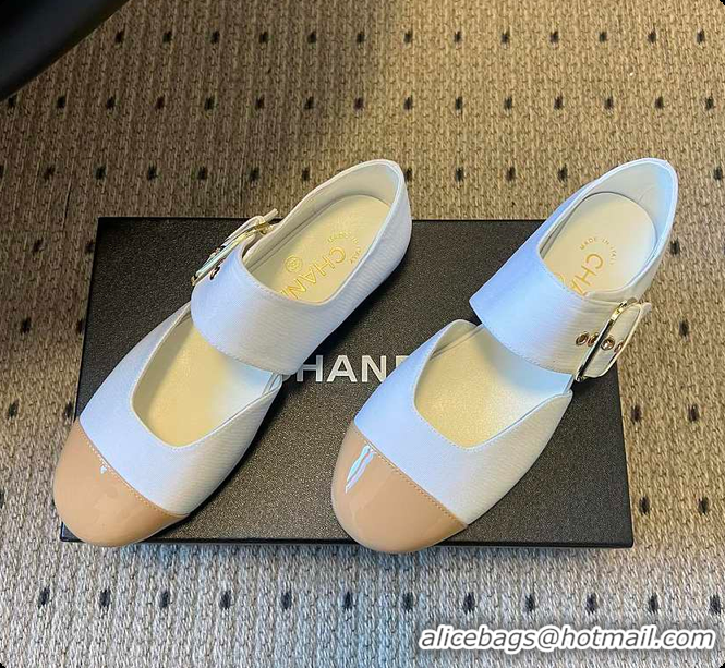Most Popular Chanel Mary Janes Grosgrain & Patent Calfskin White & Beige 60702702