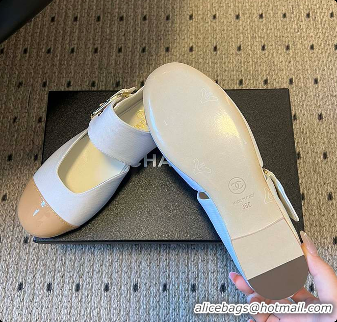 Most Popular Chanel Mary Janes Grosgrain & Patent Calfskin White & Beige 60702702