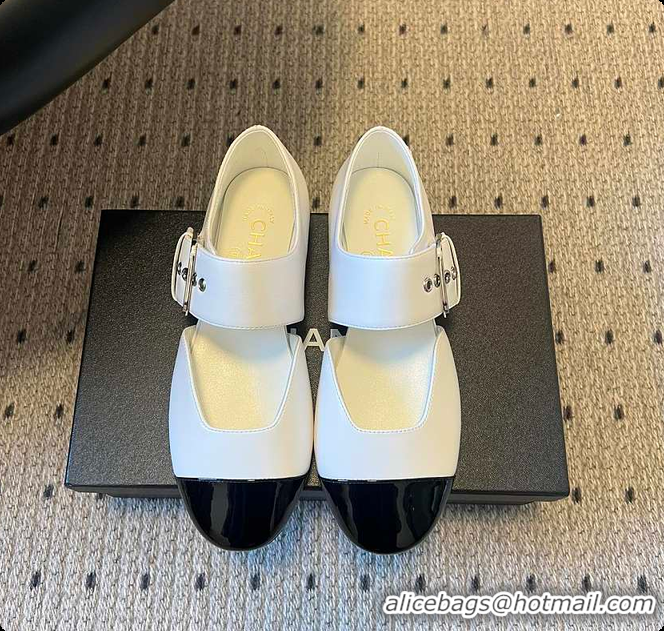 Top Grade Chanel Mary Janes Grosgrain & Patent Calfskin White & Black 60702702