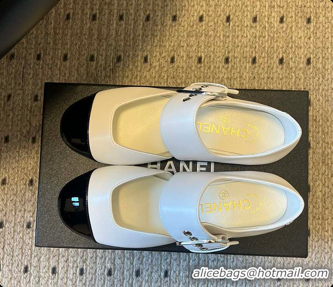 Top Grade Chanel Mary Janes Grosgrain & Patent Calfskin White & Black 60702702