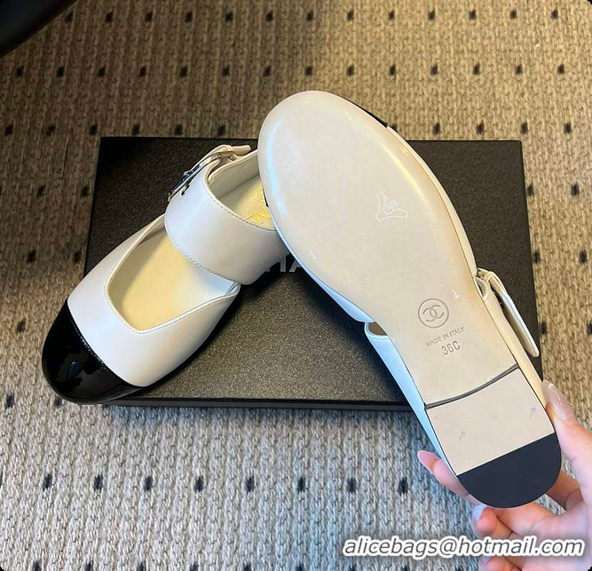 Top Grade Chanel Mary Janes Grosgrain & Patent Calfskin White & Black 60702702