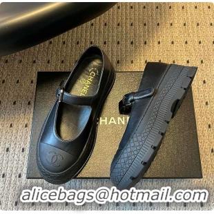 Charming Chanel CC Logo Mary Jane Platform Leather Shoes Black 60702703