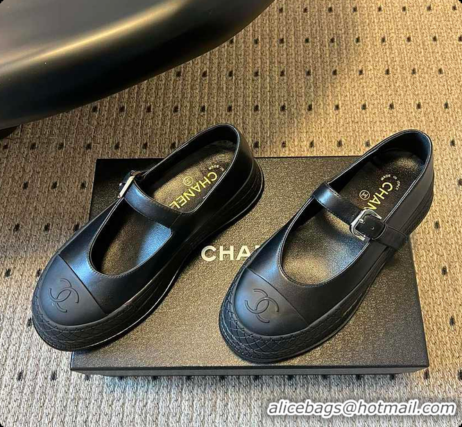 Charming Chanel CC Logo Mary Jane Platform Leather Shoes Black 60702703