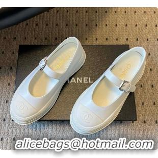Shop Duplicate Chanel CC Logo Mary Jane Platform Leather Shoes White 60702703
