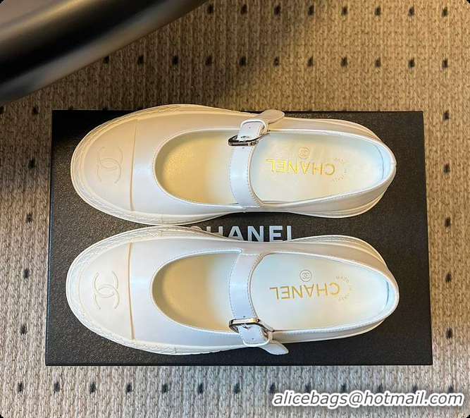 Shop Duplicate Chanel CC Logo Mary Jane Platform Leather Shoes White 60702703
