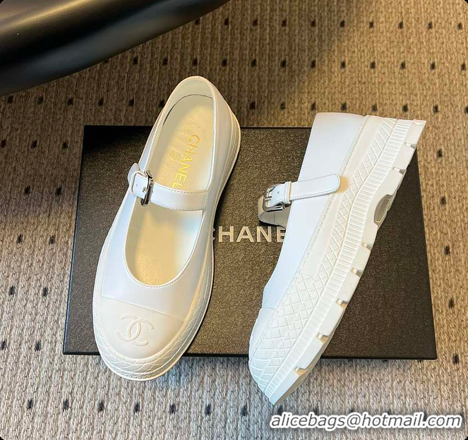 Shop Duplicate Chanel CC Logo Mary Jane Platform Leather Shoes White 60702703