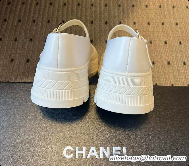 Shop Duplicate Chanel CC Logo Mary Jane Platform Leather Shoes White 60702703