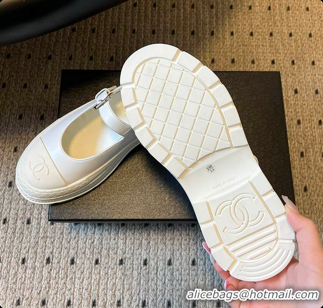 Shop Duplicate Chanel CC Logo Mary Jane Platform Leather Shoes White 60702703