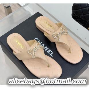 Hot Style Chanel Quilted Lambskin Thong Sandals With Bow Detail Beige & Gold 60702704