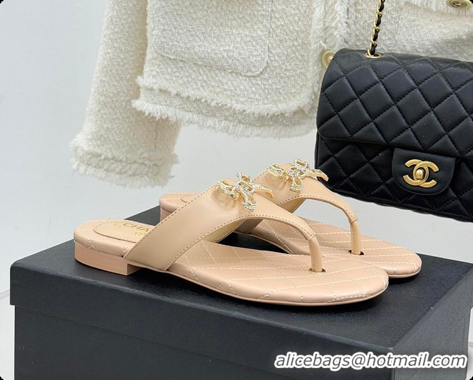 Hot Style Chanel Quilted Lambskin Thong Sandals With Bow Detail Beige & Gold 60702704