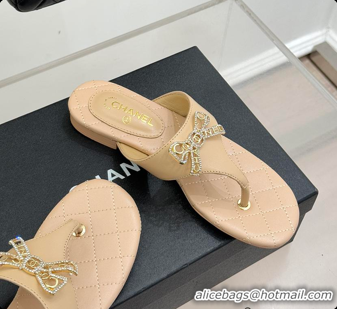 Hot Style Chanel Quilted Lambskin Thong Sandals With Bow Detail Beige & Gold 60702704