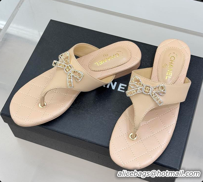 Hot Style Chanel Quilted Lambskin Thong Sandals With Bow Detail Beige & Gold 60702704