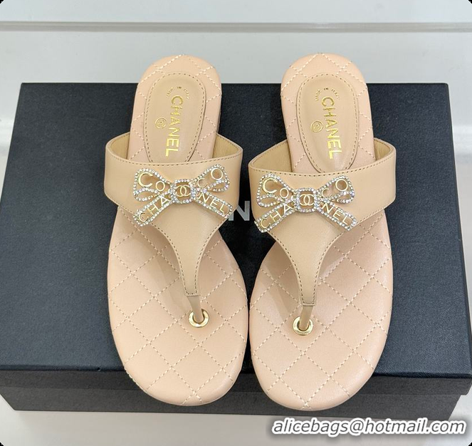 Hot Style Chanel Quilted Lambskin Thong Sandals With Bow Detail Beige & Gold 60702704