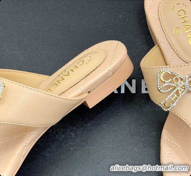 Hot Style Chanel Quilted Lambskin Thong Sandals With Bow Detail Beige & Gold 60702704