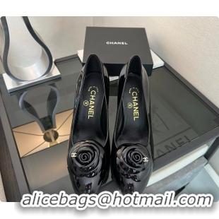 Good Quality Chanel Camellia Patent Leather Pumps with CC Logo Black 60702705