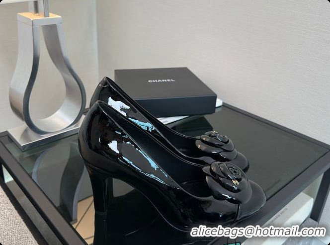 Good Quality Chanel Camellia Patent Leather Pumps with CC Logo Black 60702705