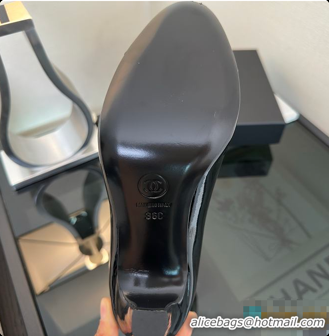 Good Quality Chanel Camellia Patent Leather Pumps with CC Logo Black 60702705
