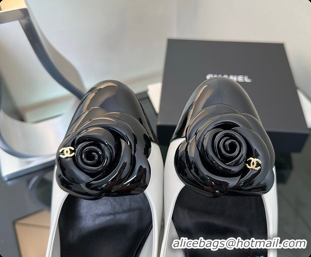 Unique Style Chanel Camellia Patent Leather Pumps with CC Logo White & Black 60702705