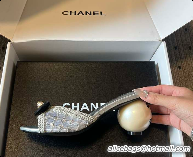 Top Grade Chanel Sequined Quilted Mesh Mules with Pearl Heel 7cm 60702707
