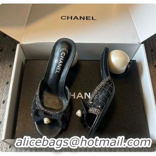 Grade Quality Chanel Sequined Black Quilted Mesh Mules with Pearl Heel 7cm 60702707