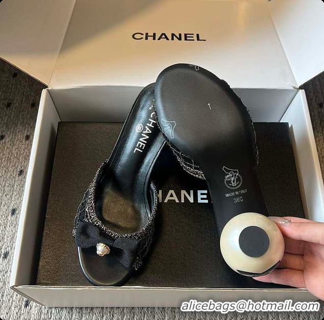 Grade Quality Chanel Sequined Black Quilted Mesh Mules with Pearl Heel 7cm 60702707