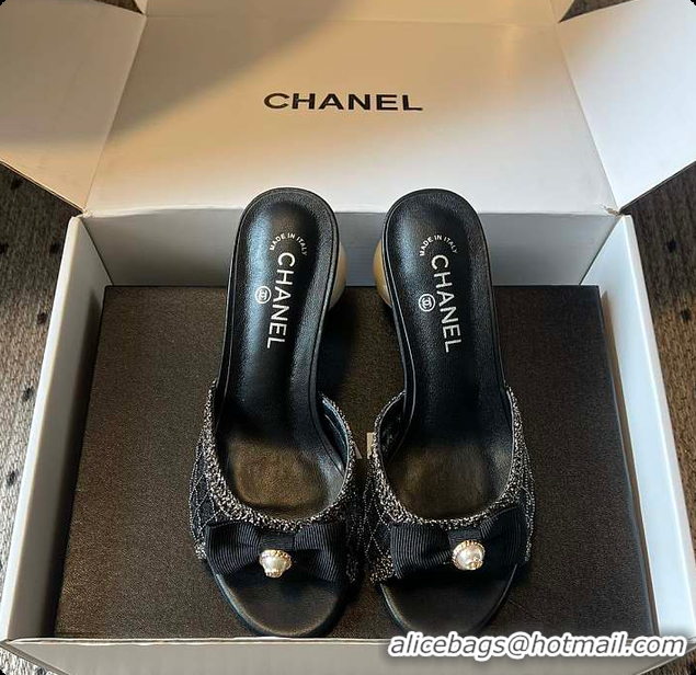 Grade Quality Chanel Sequined Black Quilted Mesh Mules with Pearl Heel 7cm 60702707