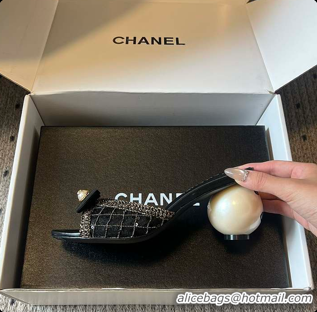 Grade Quality Chanel Sequined Black Quilted Mesh Mules with Pearl Heel 7cm 60702707