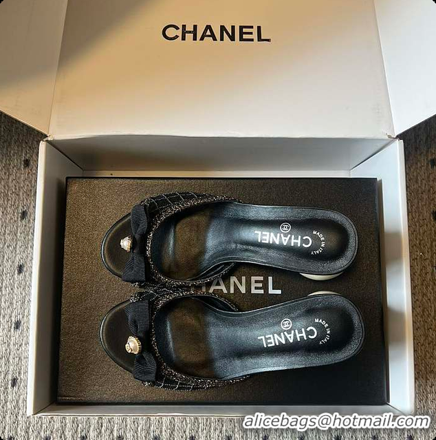 Grade Quality Chanel Sequined Black Quilted Mesh Mules with Pearl Heel 7cm 60702707