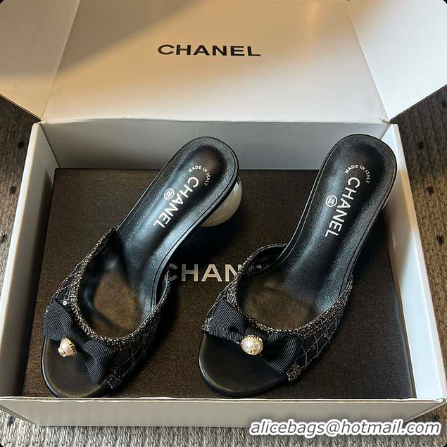 Grade Quality Chanel Sequined Black Quilted Mesh Mules with Pearl Heel 7cm 60702707