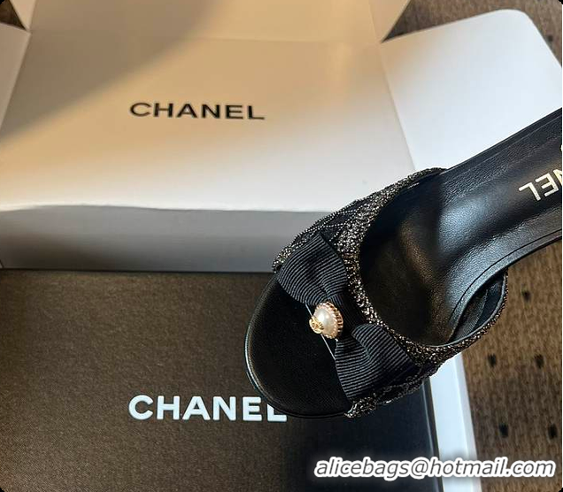 Grade Quality Chanel Sequined Black Quilted Mesh Mules with Pearl Heel 7cm 60702707