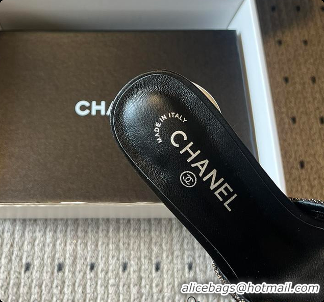 Grade Quality Chanel Sequined Black Quilted Mesh Mules with Pearl Heel 7cm 60702707