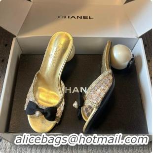 Best Product Chanel Sequined Gold Quilted Mesh Mules with Pearl Heel 7cm 60702707