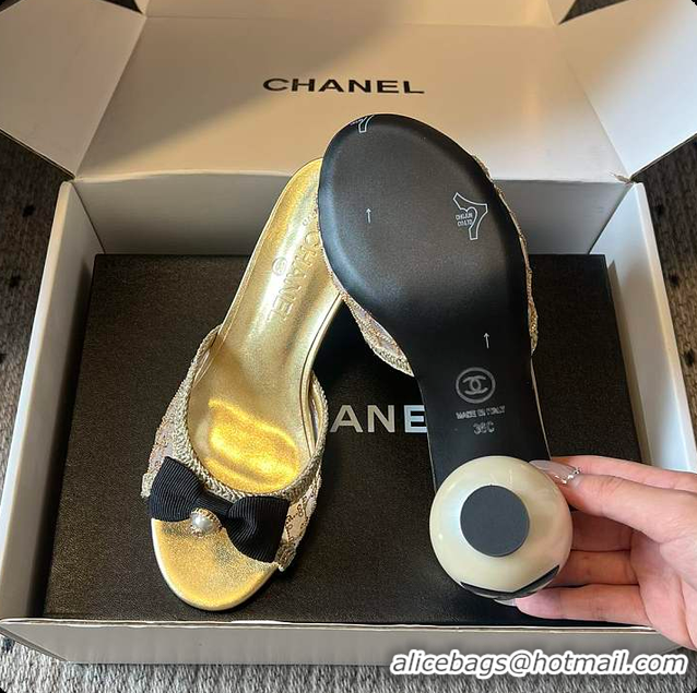 Best Product Chanel Sequined Gold Quilted Mesh Mules with Pearl Heel 7cm 60702707