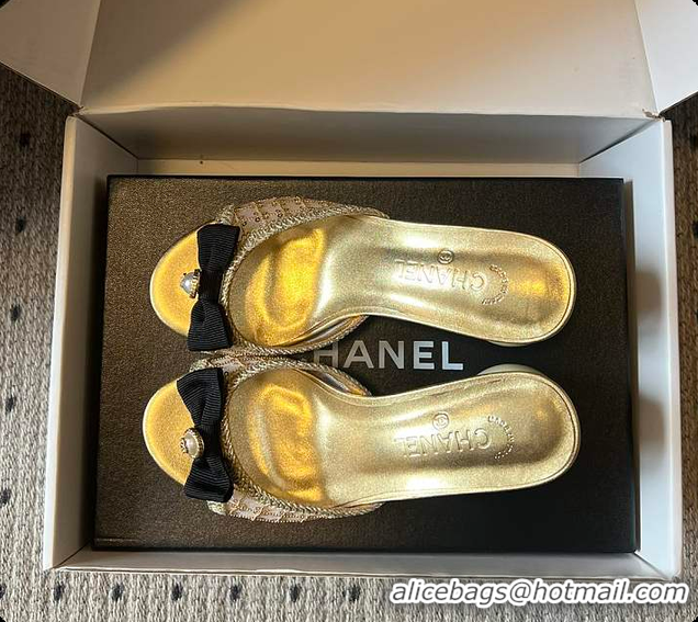 Best Product Chanel Sequined Gold Quilted Mesh Mules with Pearl Heel 7cm 60702707