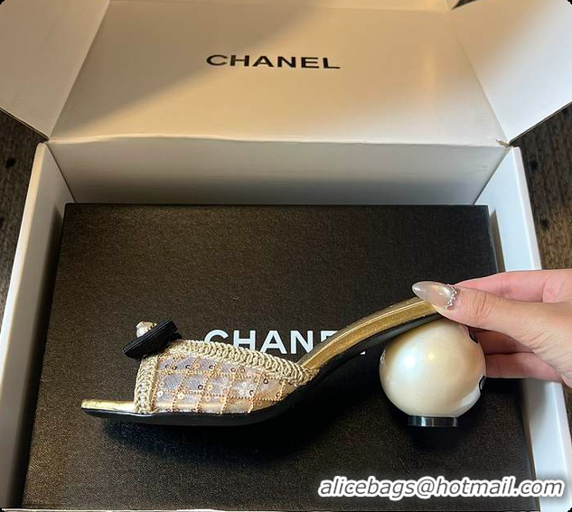 Best Product Chanel Sequined Gold Quilted Mesh Mules with Pearl Heel 7cm 60702707