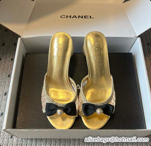 Best Product Chanel Sequined Gold Quilted Mesh Mules with Pearl Heel 7cm 60702707