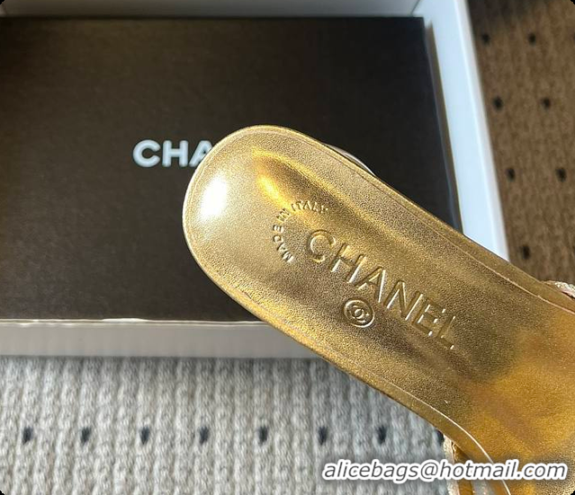 Best Product Chanel Sequined Gold Quilted Mesh Mules with Pearl Heel 7cm 60702707