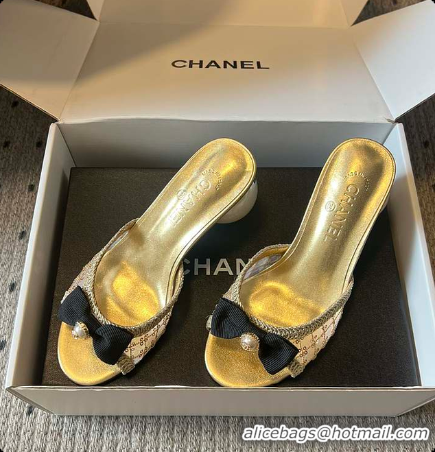 Best Product Chanel Sequined Gold Quilted Mesh Mules with Pearl Heel 7cm 60702707