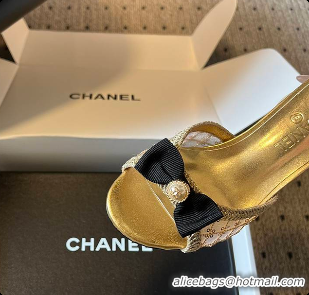 Best Product Chanel Sequined Gold Quilted Mesh Mules with Pearl Heel 7cm 60702707