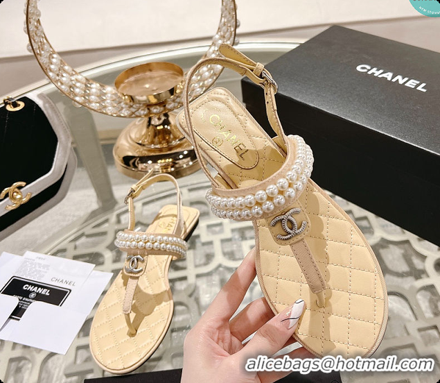 Good Product Chanel Artificial Pearl Grosgrain Sandal In Beige 60702710