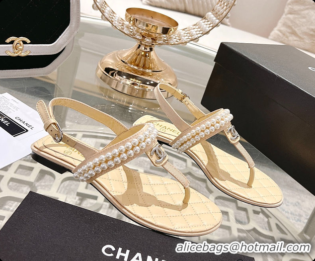 Good Product Chanel Artificial Pearl Grosgrain Sandal In Beige 60702710