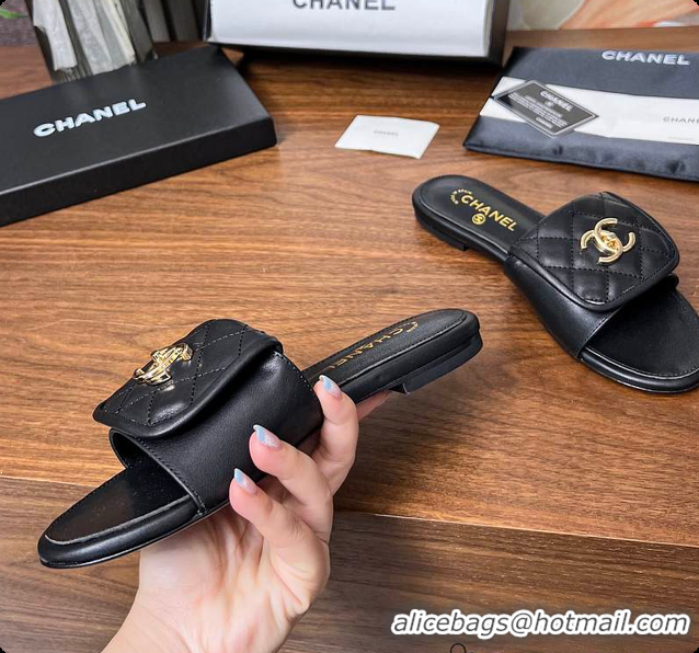 Pretty Style Chanel Classic Double C Buckle Slippers Black 60702801